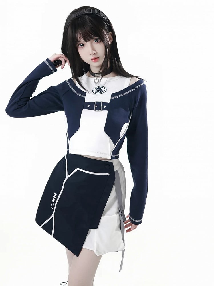 Blue and White Colorblock Shoulder Cutouts Techwear Long Sleeve Top with