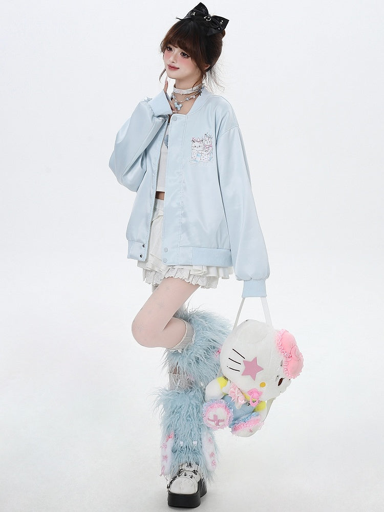 Hellblau/Pink Katzen Frühling Baseballjacke