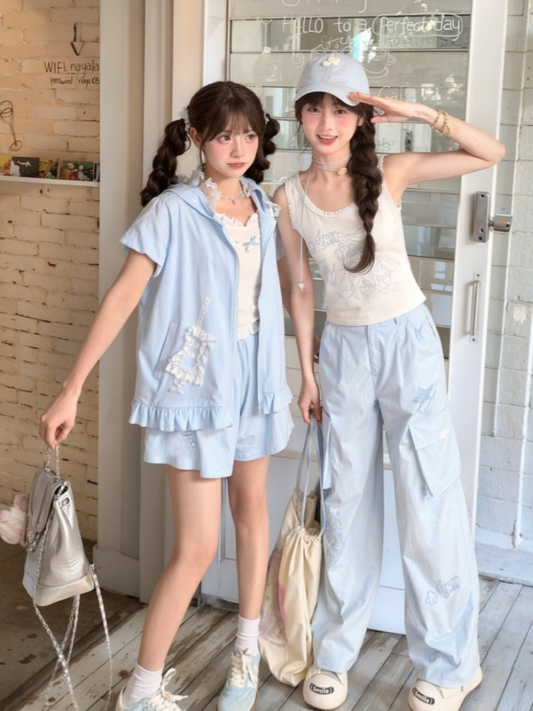 Loose Straight-Leg Pants Pockets Blue Anime Print Cargo