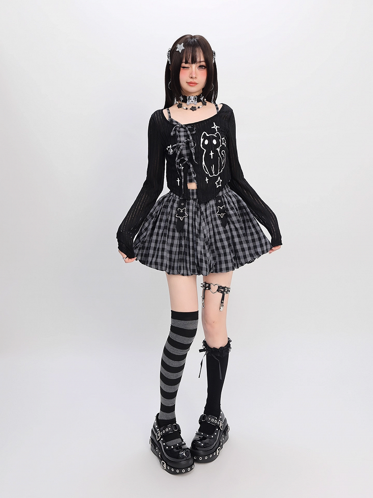 Y2K Coverup Set Plaid Cami Top with Kitten Print Black Red/Gray