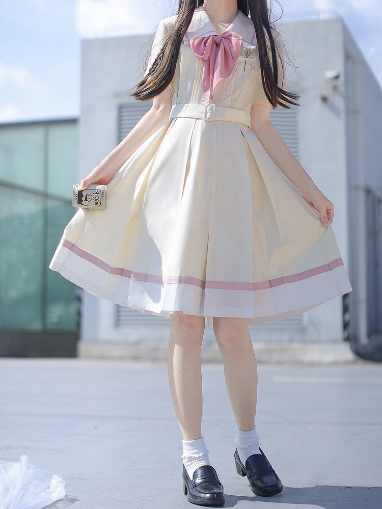 with Pleat Box Sailor Yellow Milk Waist Dress Skirt Collar Belt