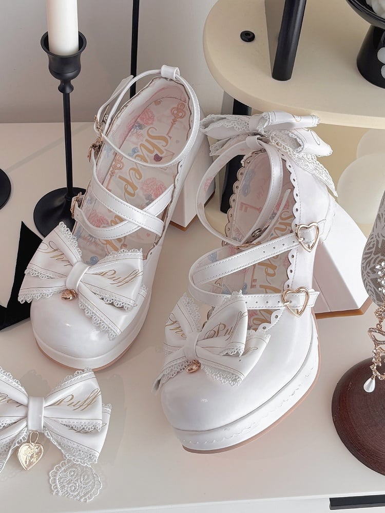 Block Heels Buckles High Bow Detachable Crisscross Design White Top Heart at