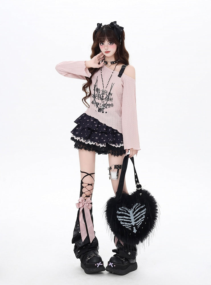 Top Pink/Black Strap Graphic Asymmetrical Neckline PU Buckle