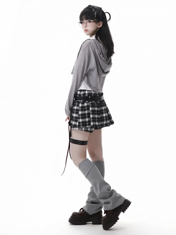 Y2K Lace-up Black Detail Plaid Skort with Buckle Belt and Chain White/ Khaki
