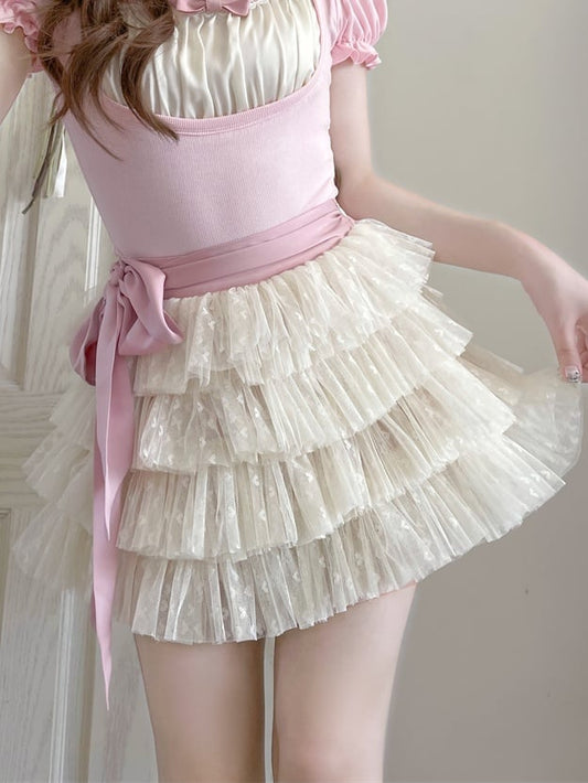 Beige Tulle Balletcore Self-tie Tiered Skirt Bow with