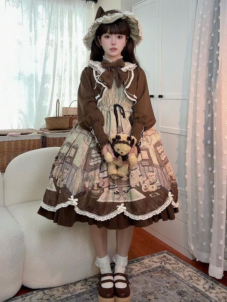 Print Lolita Two Teddy House Pieces Dress Coffee Design Long Green Sleeves Fake