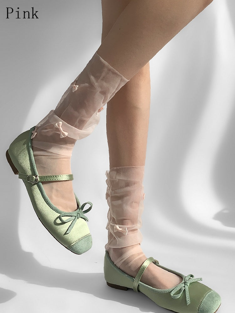 Loose Socks Sheer White/Pink/Gray/Beige Calf Bowknot Details