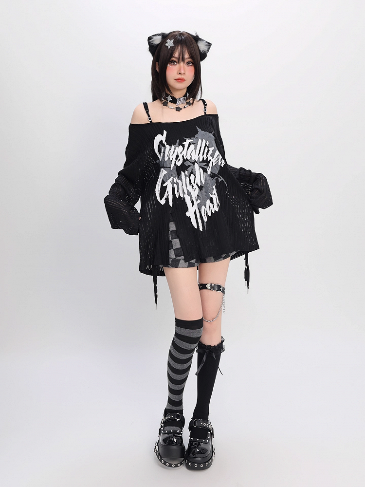 Y2K Slit Black/White Off-the-shoulder Graphic Hem Neckline Coverup