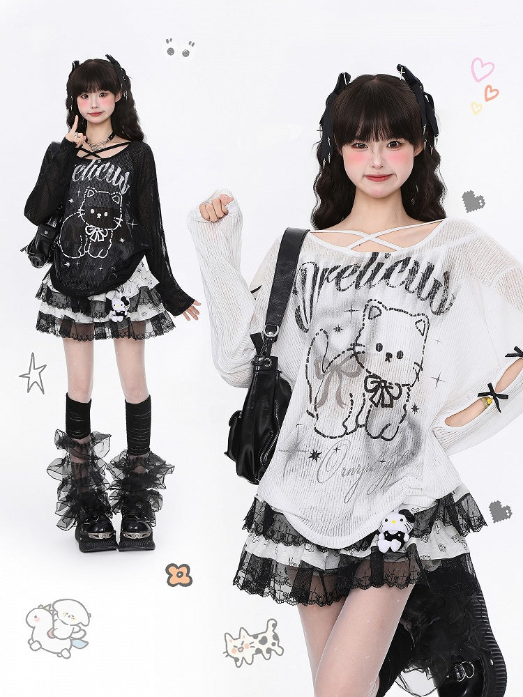 Black/White Semi-Sheer Knit Top with Cutout Sleeves and Cute Cat Print