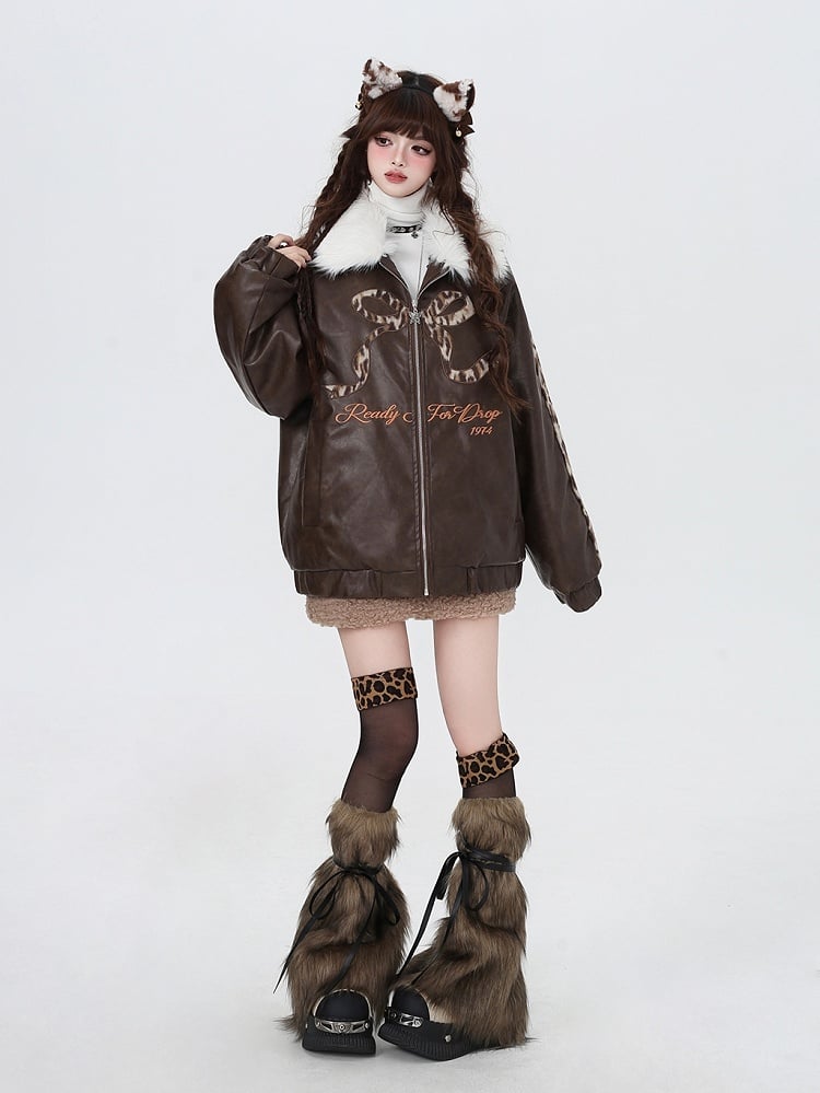 Brown Bowknot and Letter Detachable Plush Collar Jacket