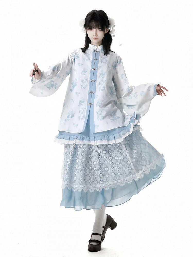 Weißes Blumenmuster, gebänderter Kragen, Knotenknöpfe, Rokoko-Blau, Cheongsam-Bluse