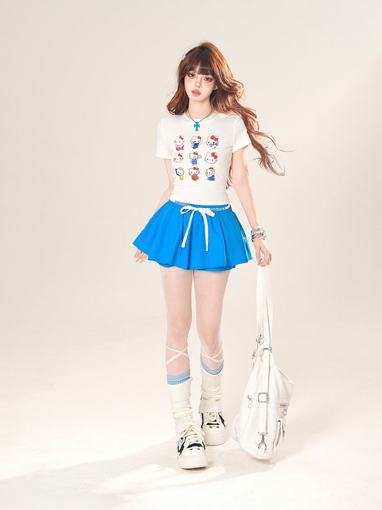 Drawstring Waist A-line Mini Skirt Red/Blue