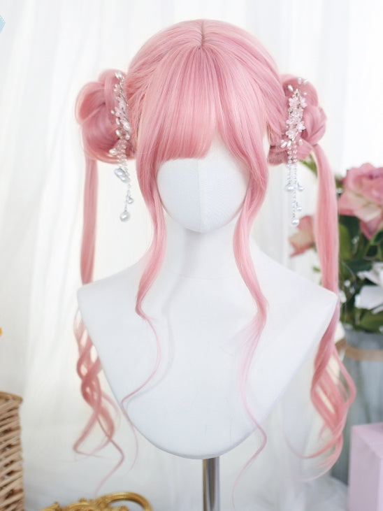 Wigs Bangs Pink Wavy With Long 80-85cm