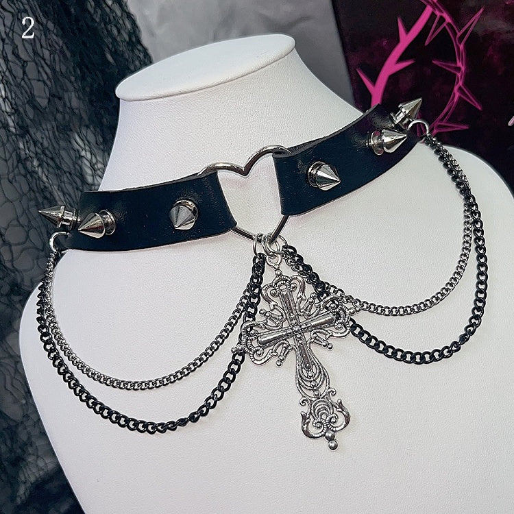 Cross Rosette/Hollow-out Black Pendant 2 Decorated Studs And Options Choker Silver