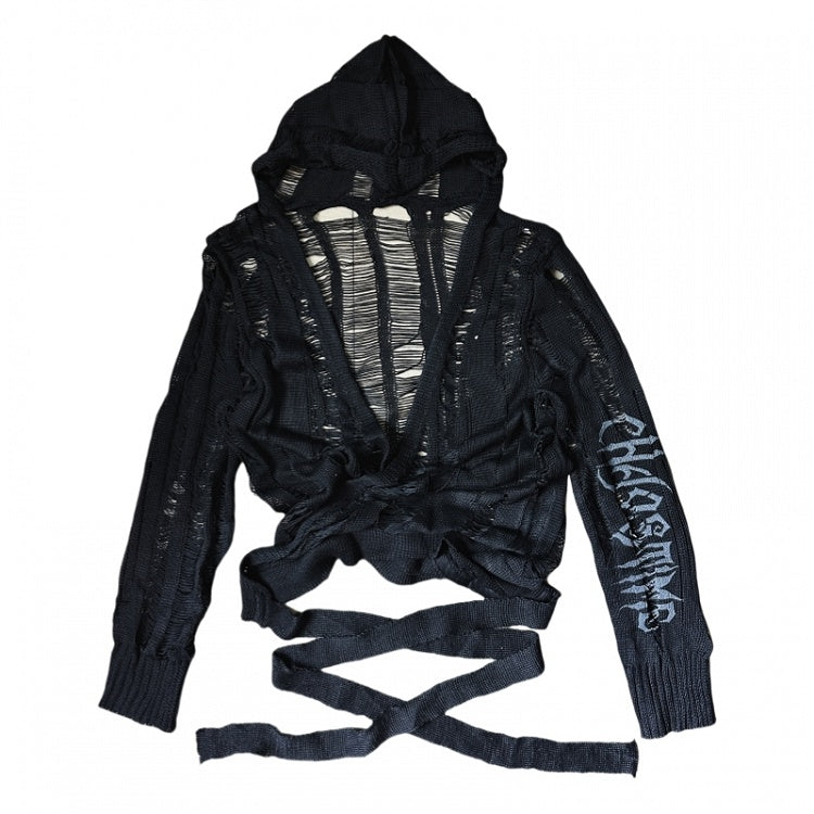 Strap Punk Black Distressed Holes with Hooded Cardigan Glamorous Self-tie