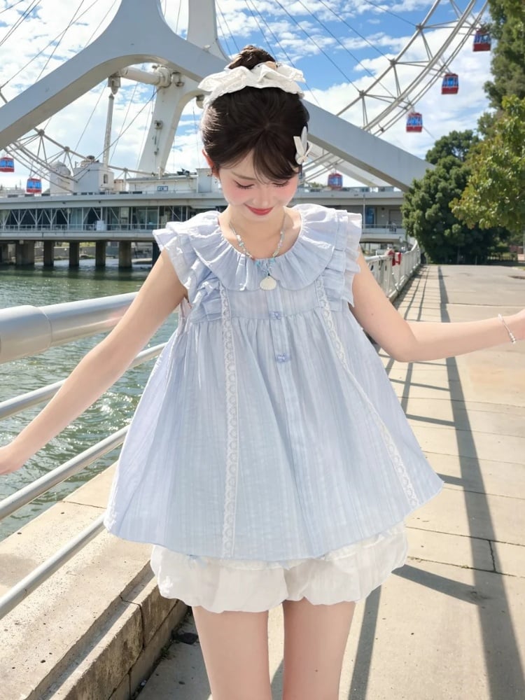 Sweet Tank Top Blue Peter Pan Collar Tiered Flutter Sleeves Bow Buttons