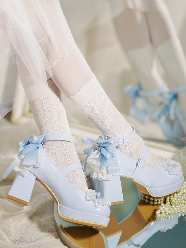 Blue Heels Top Knotted Buckles at Bow High Trim Lace Block Heart