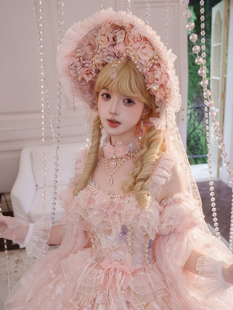 ピンクと花柄の花嫁ロリータ、ボンネットデザイン、ビーズディテール