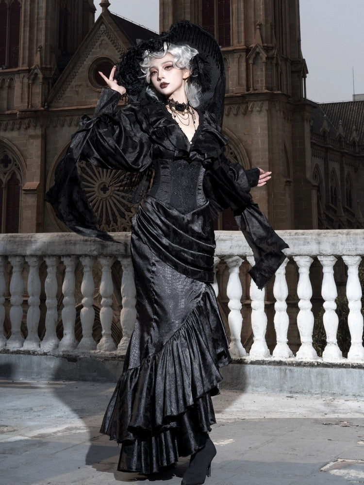 Flounce Gothic Skirt Hem Corset Waist Mermaid Cascading Black Boned Asymmetrical Lolita High