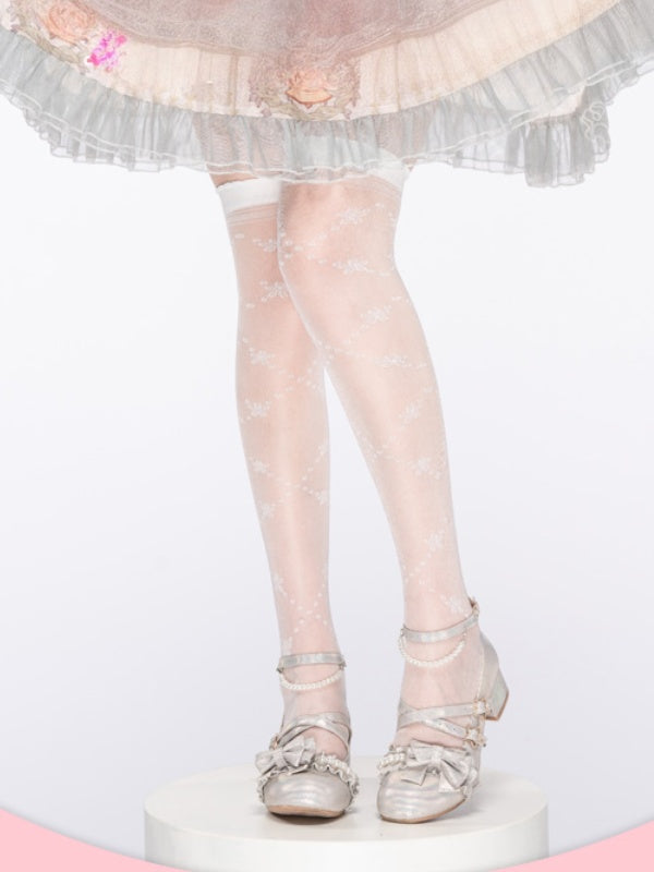 White Sakura Pattern Ribbed Trim Over Knee Stockings