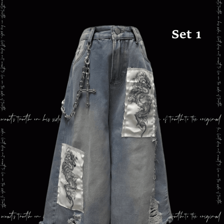 Blaue Jeans mit weitem Bein, Drachen-Applikation, ungesäumter Saum, abgenutzte Löcher, leicht