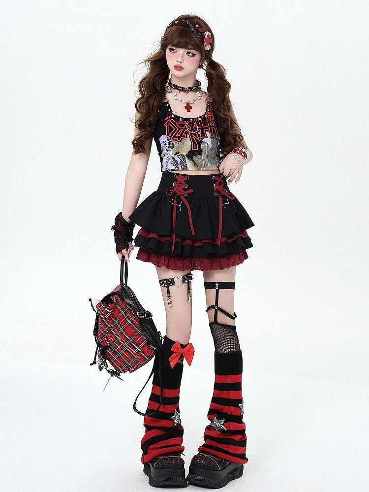 and at Red Black Lace-up Tiered Punk Y2K Waist Details Rock Skirt