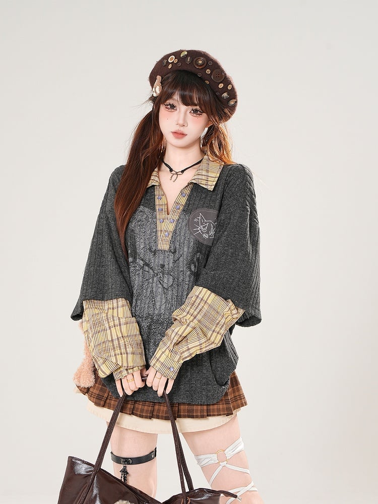 Dark Gray V-Neck Top with Bear Print and Plaid Patchwork Knit