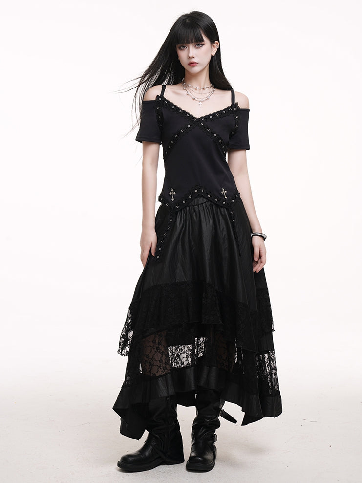 Saum Spitzenpatches Rock Schwarz Elastische Taille Asymmetrisch