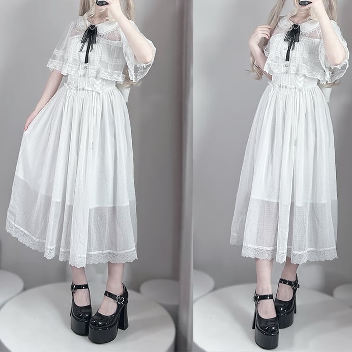 Kei Design Jirai Long and Lace-up Waist Fabric with Cape White Dress Chiffon