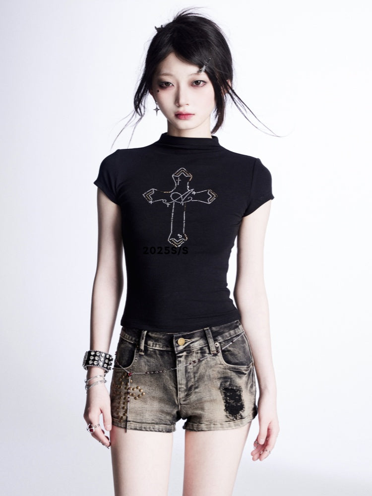 Glamorous Denim Shorts Waist Cross Studs Distressed Black Low