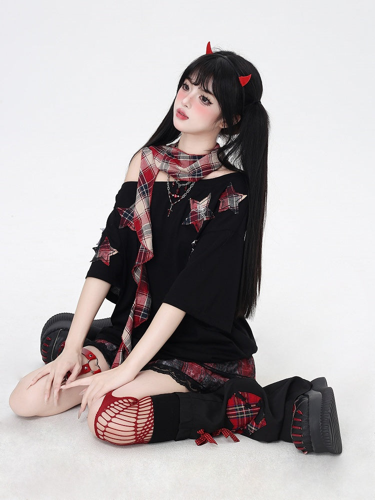 Glamorous Scarf Neckline with T-Shirt Red Plaid Star Appliques Black Asymmetrical