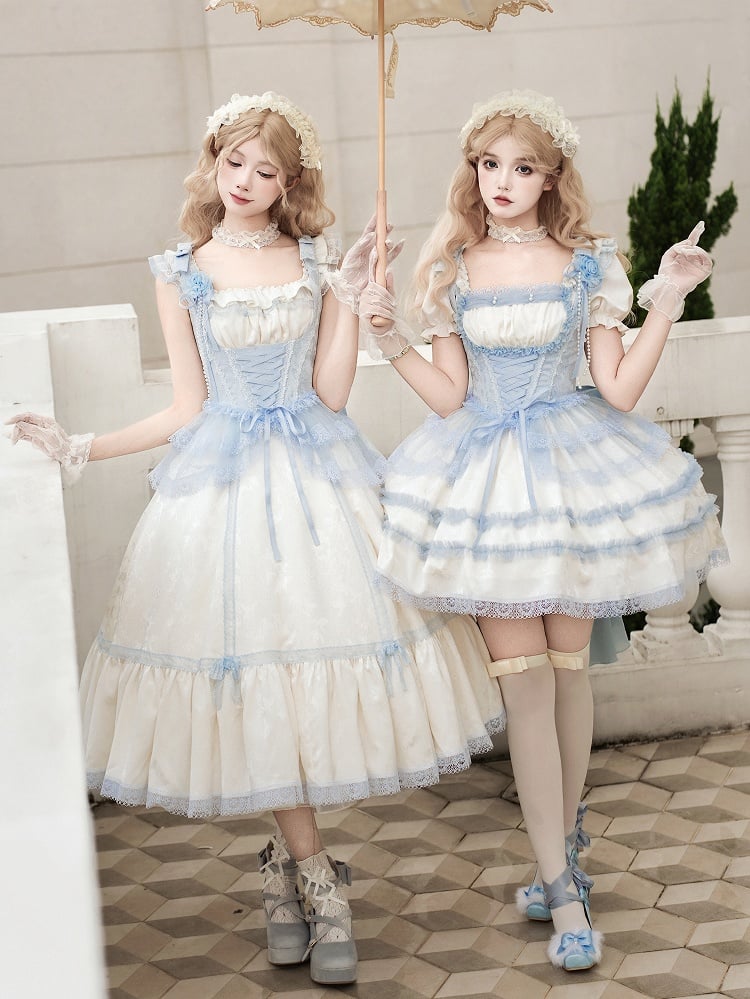 Full Beige OP Blue Lolita Sleeves Neckline and Trims Light Short Set Square Lace Dress