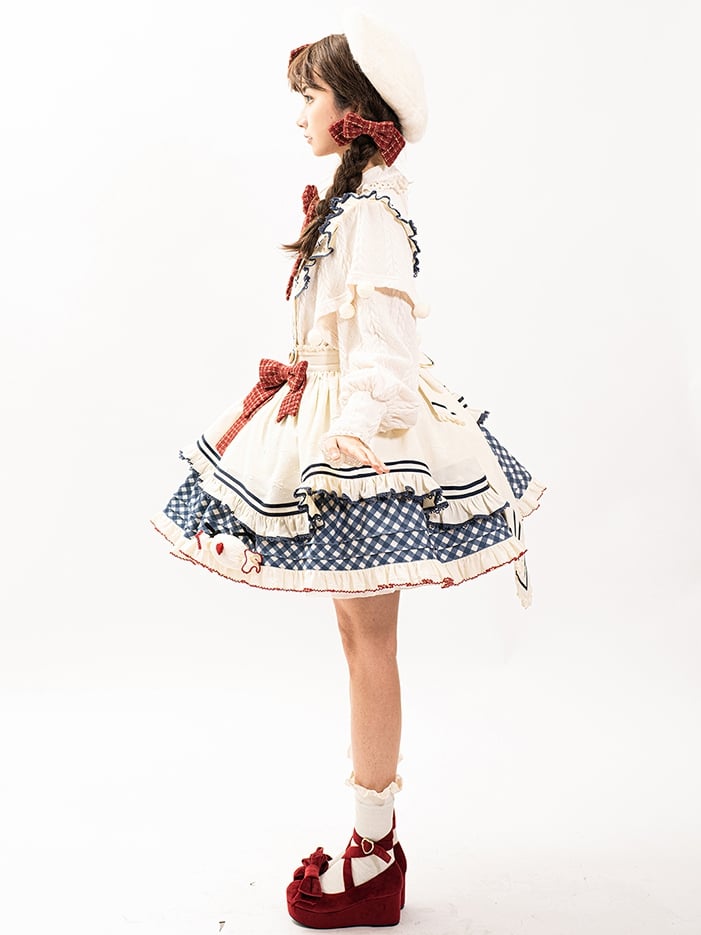 Weißes langärmeliges Strickoberteil, Schürze, blauer Rock mit Karomuster, süßes Lolita-Komplettset