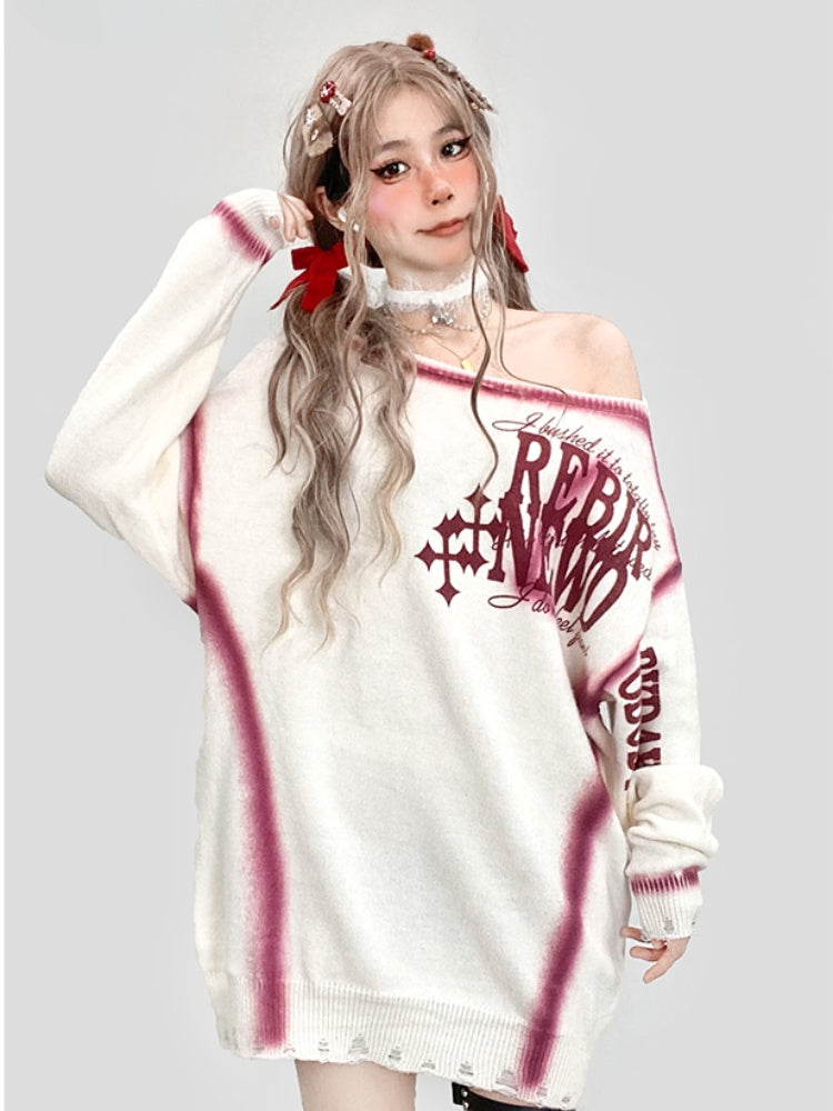 Weißer Pullover mit schulterfreiem Ausschnitt und Weihnachtsbuchstaben