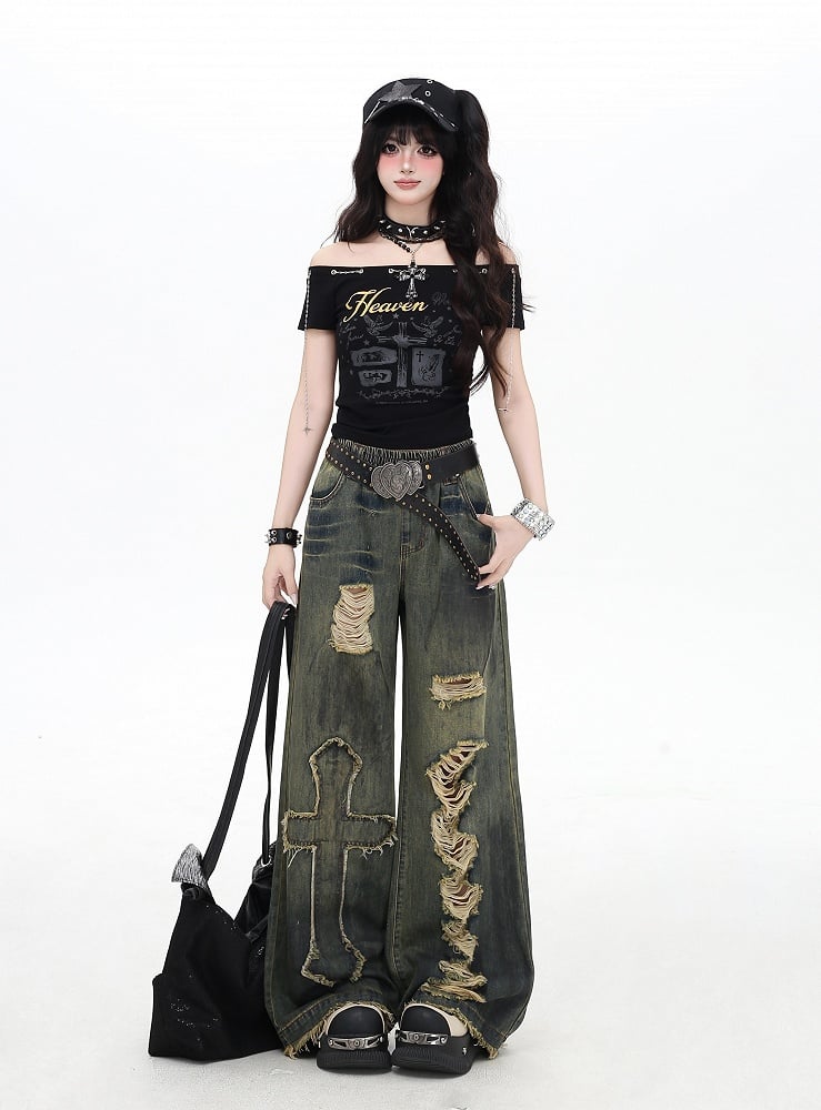 Y2K Cross Applique Blue Distressed Holes Wide-Leg Jeans Vintage