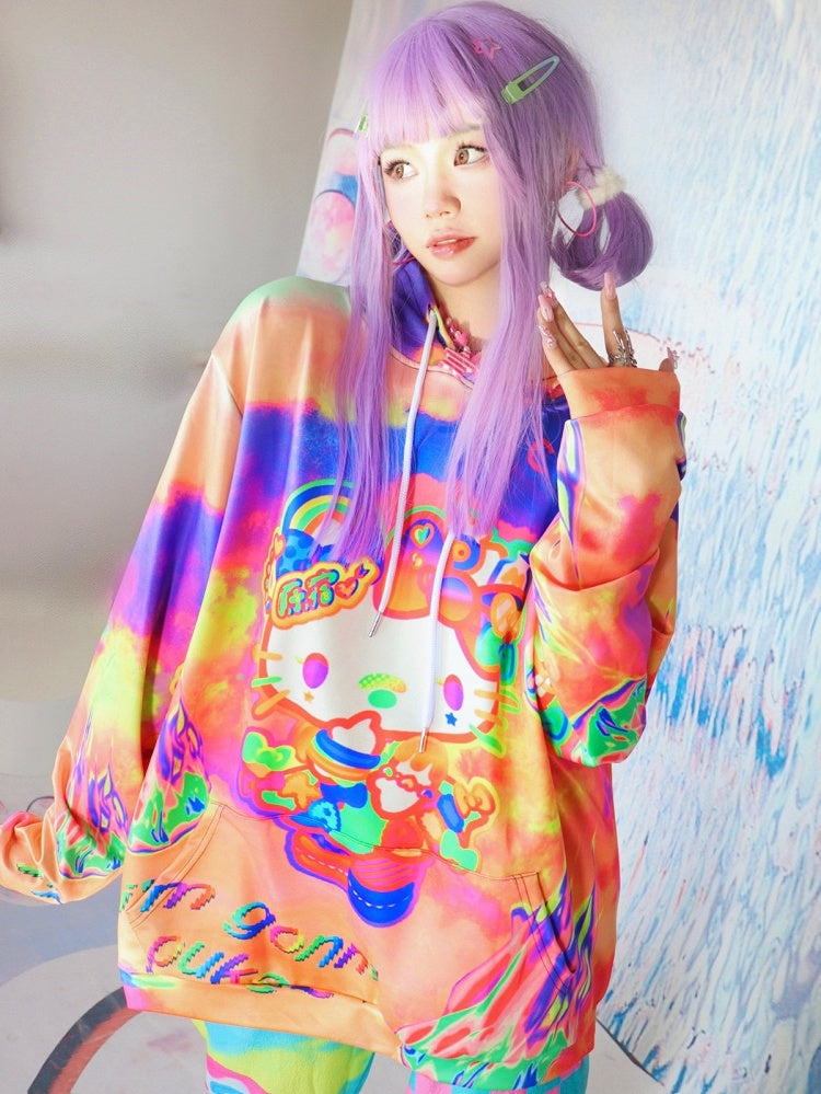 Letter And Y2K Kitty Print Hoodie Orange Fire