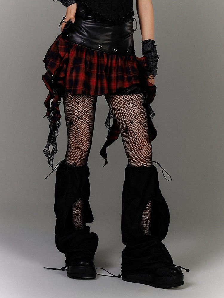 Ruffled Black PU Punk Skirt Hem Y2K Asymmetrical Red Plaid