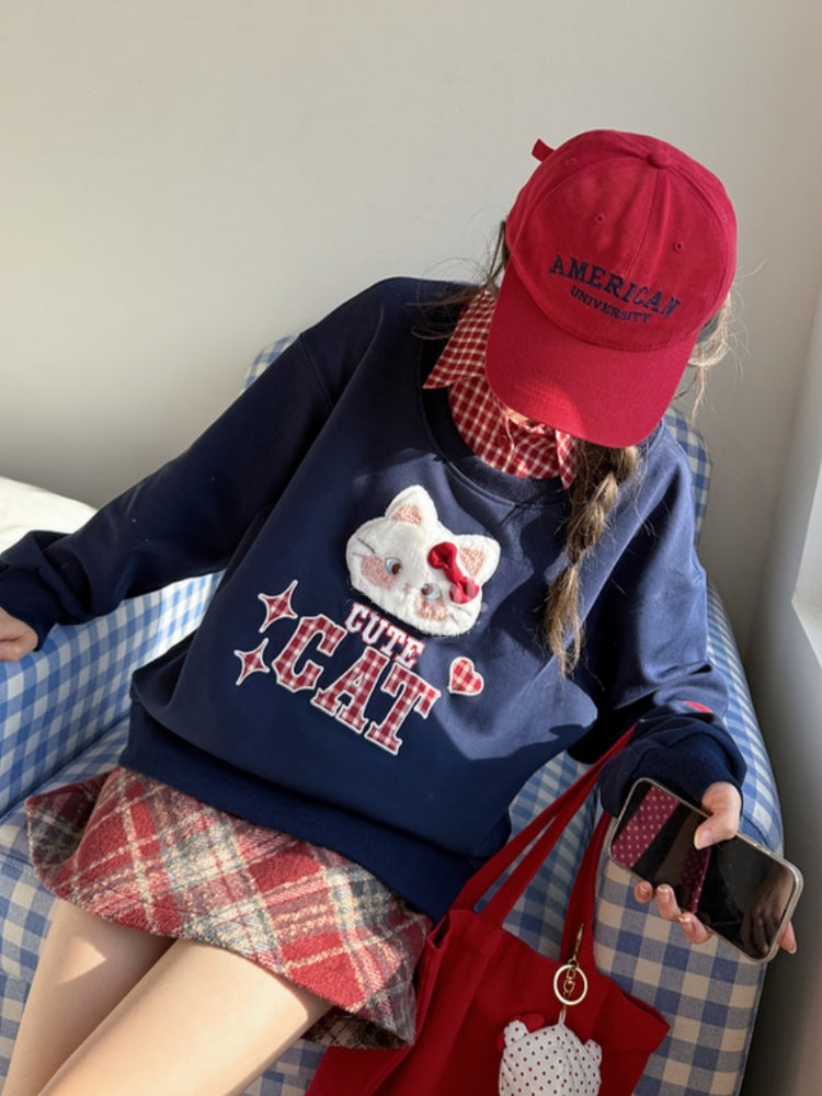 Sweatshirt with Detachable Red Applique Navy Kitty Embroidery Blue Collar Plaid