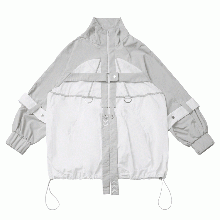 and White Techwear Sun Protection Jacket Gray Hem Colorblock Drawstring