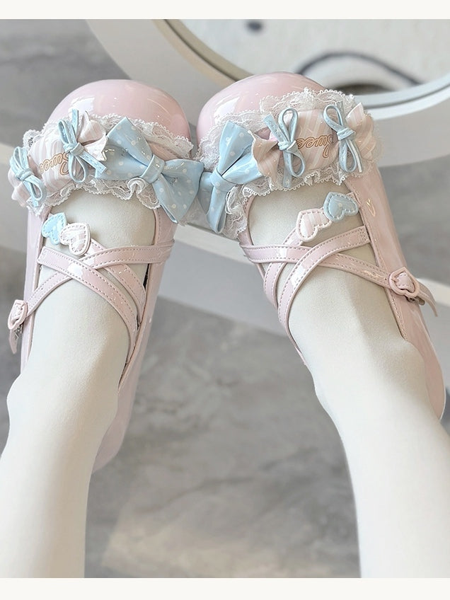 Bow Janes Candy Lolita PU Style Low - Pink Heel Mary Akzente mit Schuhen