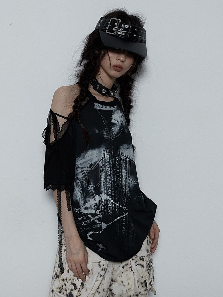 Lace-Trimmed Print White Shoulder Detail Lace-Up with Denim Punk Black T-shirt