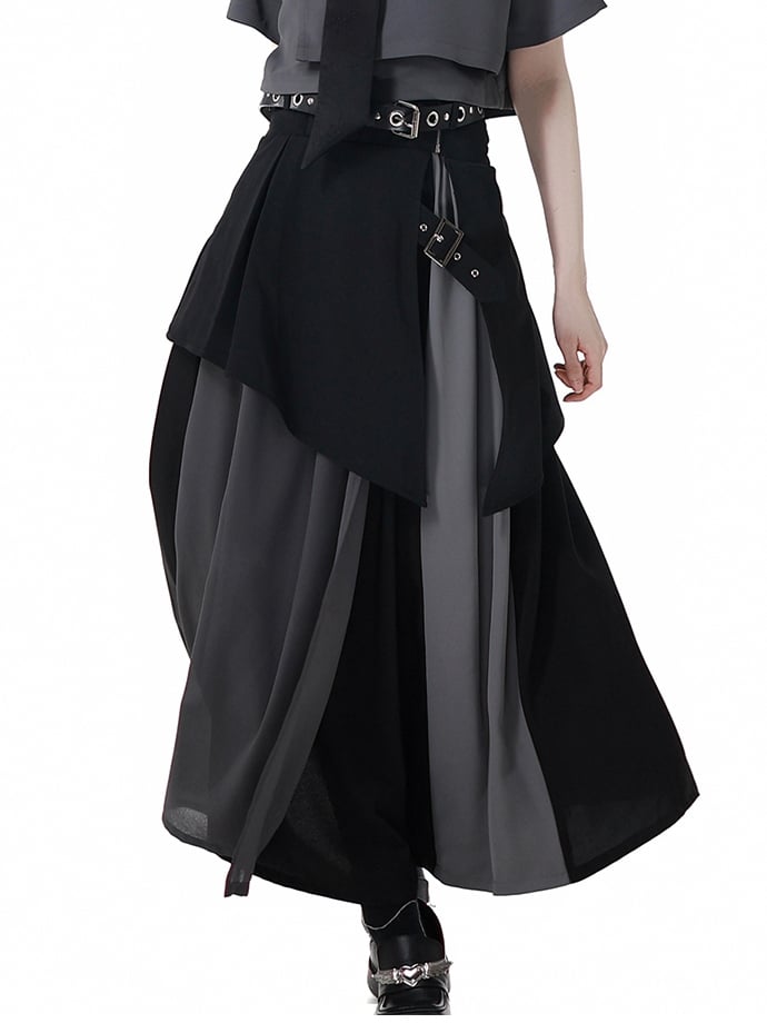Elastic Waist Skirt Black and Gray Colorblock Design