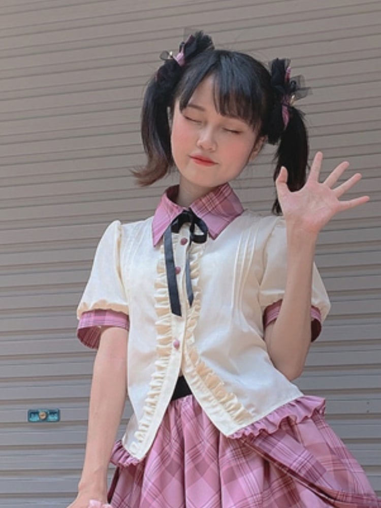 Contrast Pink Plaid Trim Beige Idol Lolita Blouse with Lace-up Detail at Back