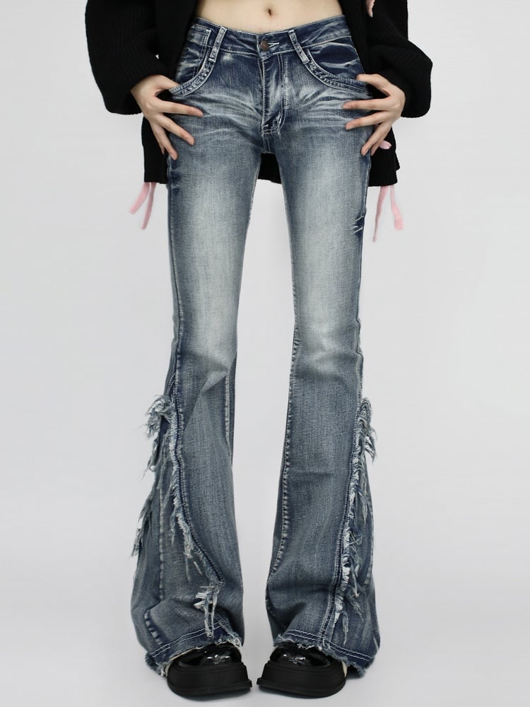 Cuffs- Slim Fit Raw Vintage Blue/Black Low Waist Flared and Jeans with Frayed
