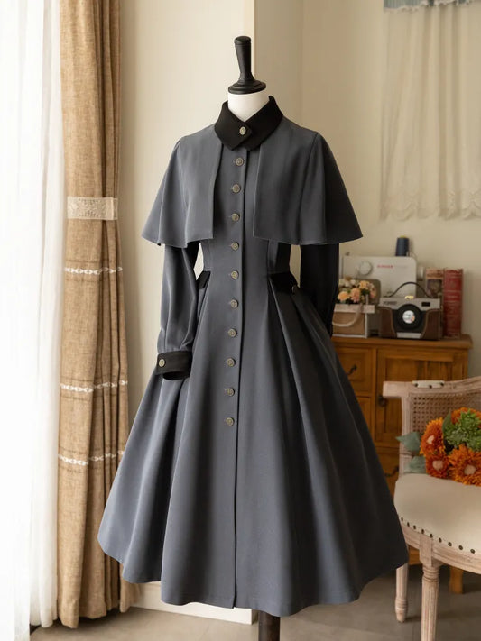 Lolita Winter Herbst Cape und Stück Elegante Ein Klassisches Kleid Design Grau Dunkel