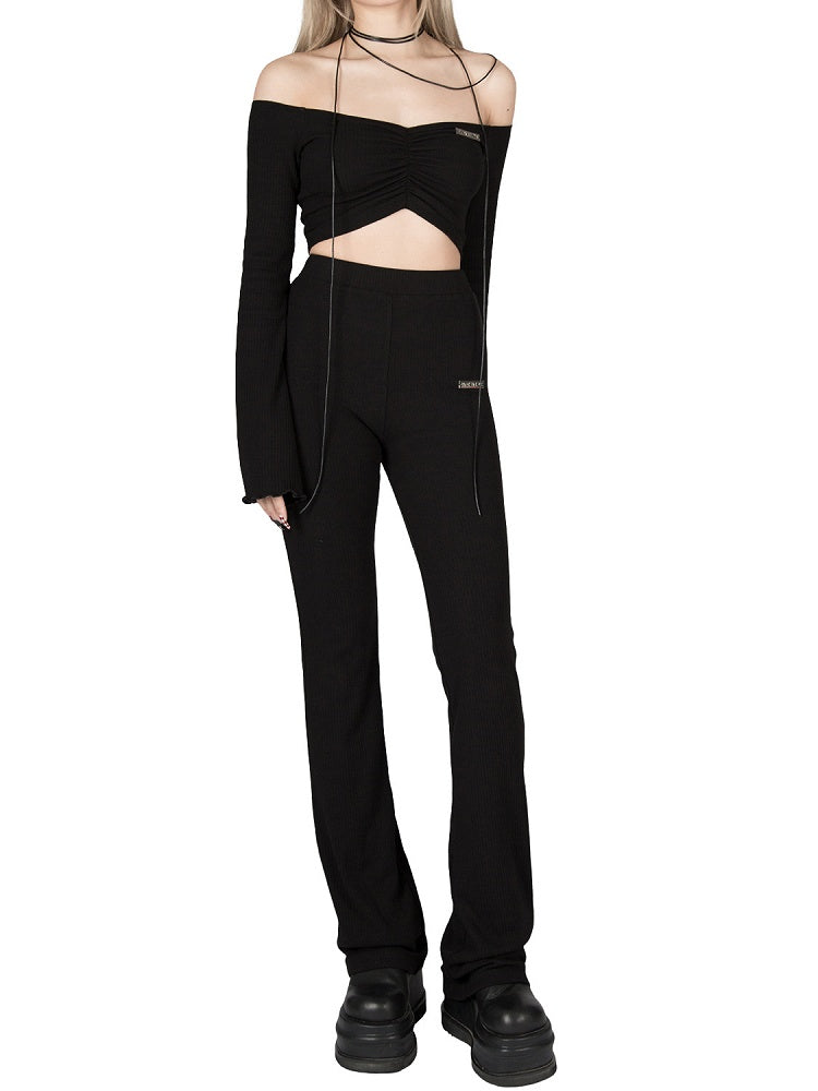 Knit Pants Stretchy High-Waisted - Flared Figure-Flattering Black