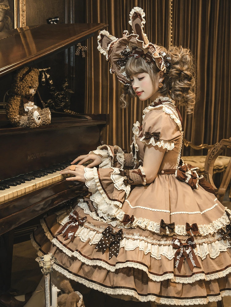 One Bow Ruffle Lolita Sweet Bunny Theme Dress Brown Accents Piece Princess
