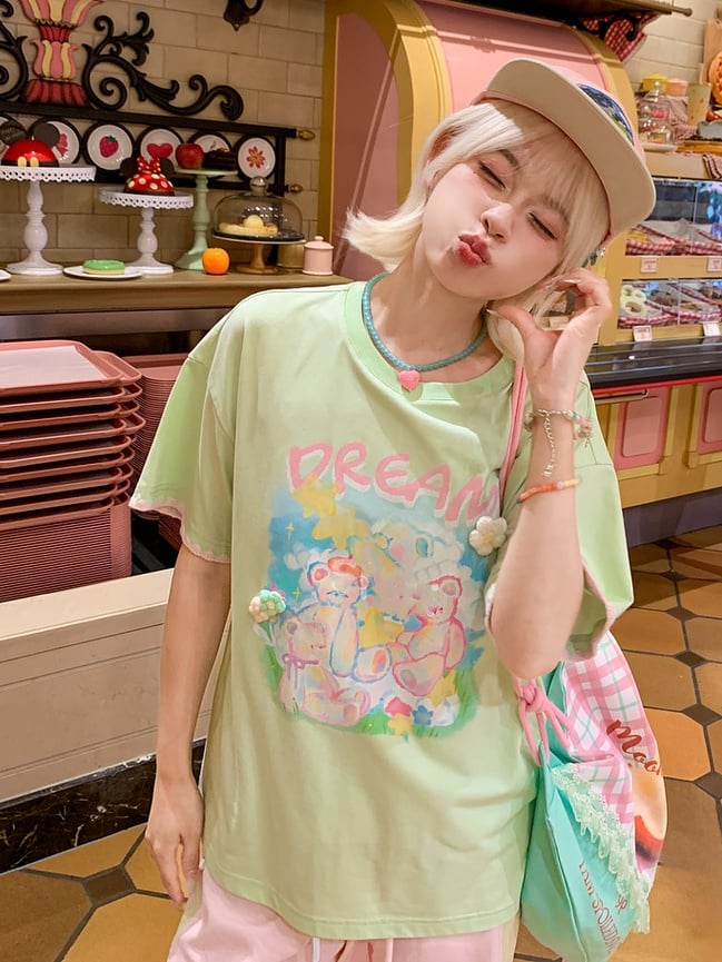 Akzente Grün Rundhals Teddybär Print Strick Lose T-shirt Floral