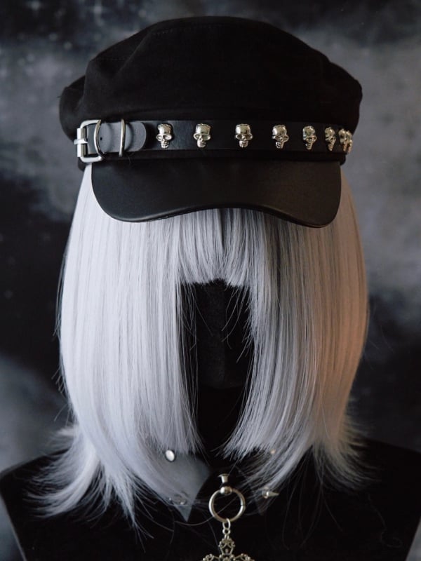Verzierte Gothic Black Design Schnalle Hut Skelett Baskenmütze