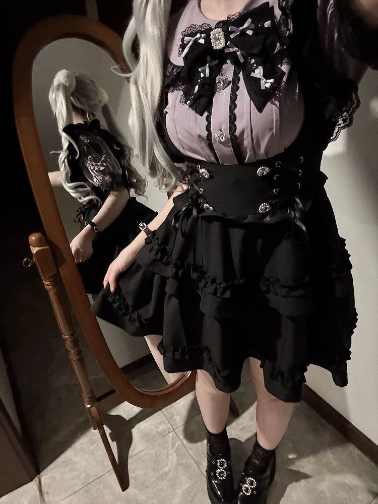 Set Schnür-Overall Rock Jirai Taille Kei Lila Peter Pan Kragen Bluse mit Schwarz